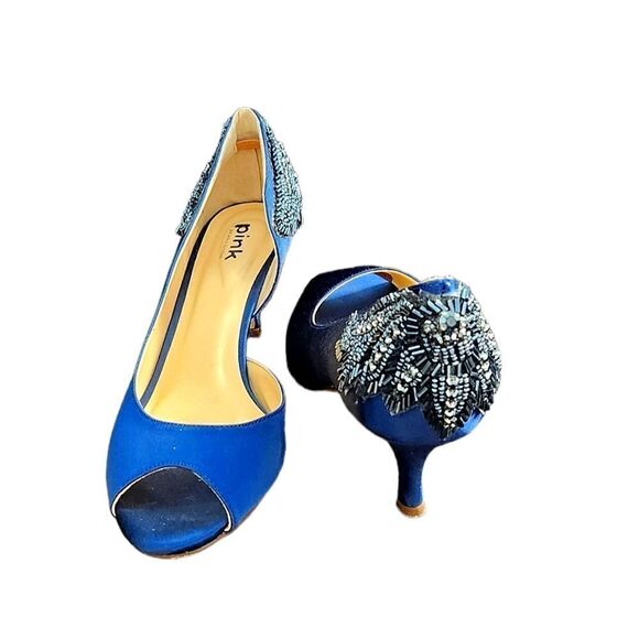 Paradox London Pink Blue Satin Embellished Beaded Peep Toe Heels - Picture 1 of 10
